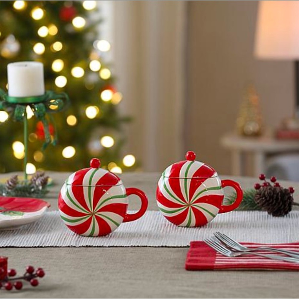Mr. Christmas Set of 2 Peppermint Candy Holiday Mugs with Lids
